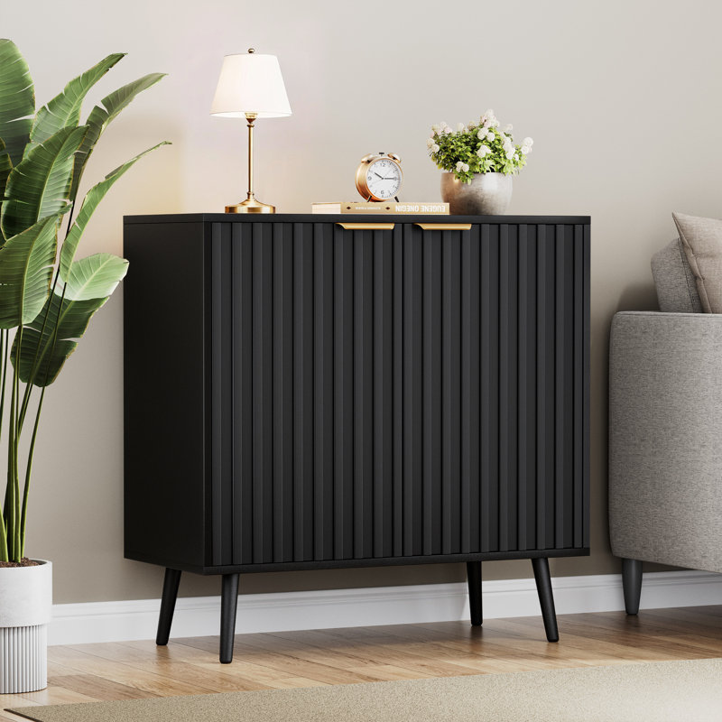 Fluted Storage Cabinet, Free Standing Buffet, Wood Sideboard, Black