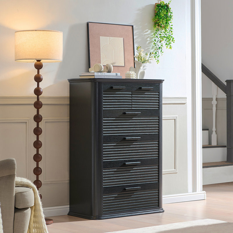 6 Drawers Dresser For Bedroom, 45" Tall Dresser With Curved Profile Design, Wood Fluted Chest Of Drawer, Modern Drawer Storage Organizer For Bedroom, Living Room, Entryway
