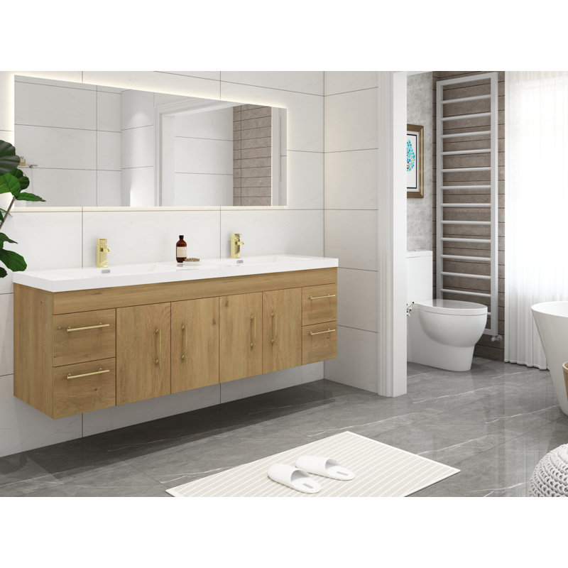 Stollings 70.5'' Double Bathroom Vanity with Acrylic Top, Oak, Gold