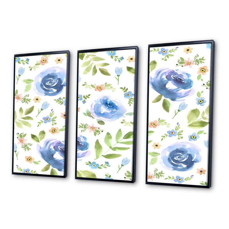 «Blue Roses and Forget-Me-Not», reproduction sur toile flottante 3 pièces, Cadre noir, H 28 po x l 36 po x P 1 po