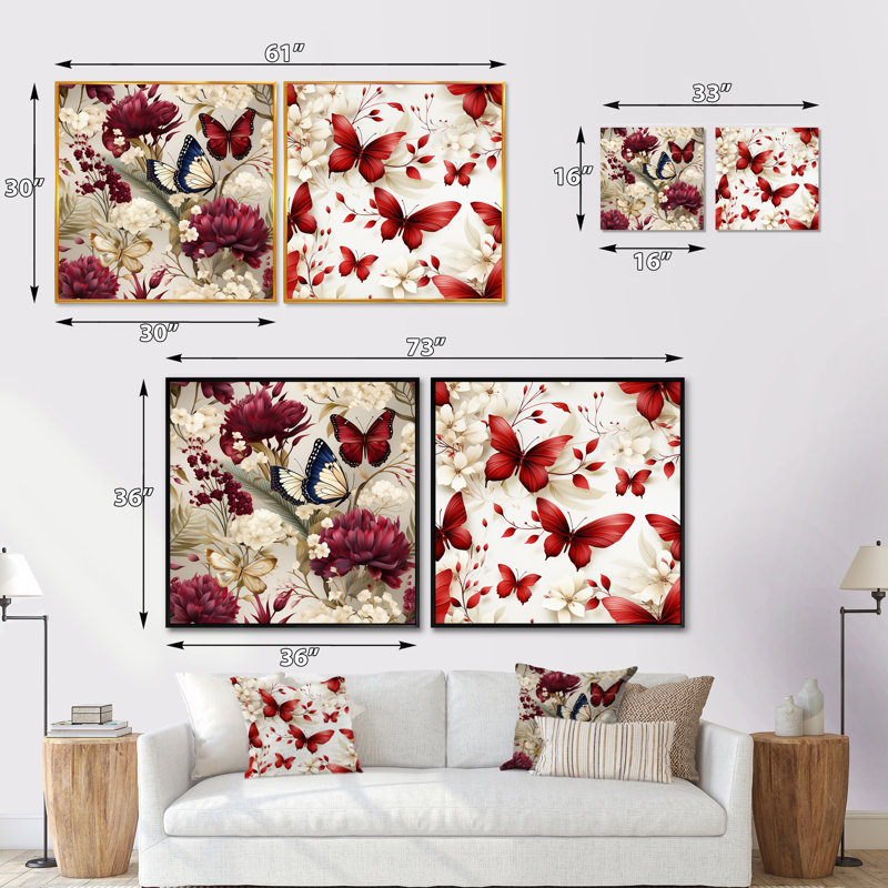 Papillon, ensemble de 2 papillons carrés, Cadre flottant blanc, H 36 po x l 73 po