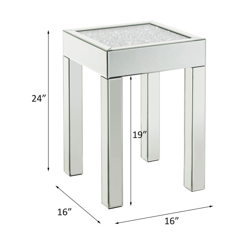 Table d'appoint argentée avec plateau miroir et faux diamants, verre trempé de 10 cm, finitions diamantées de 40 x 40 x 60 cm, plateau épais, charge maximale de 18 kg