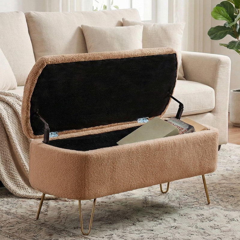 Modern Comfy Upholstered Bedroom Storage Bench, Camel
