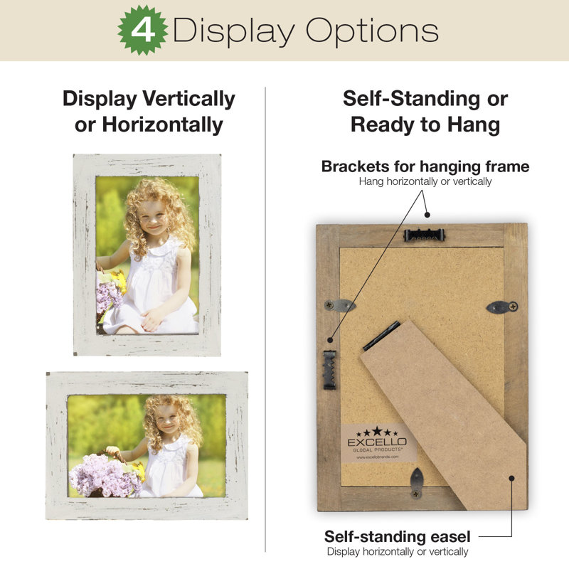 Paquet de 3 cadres photo en bois 4 "x 6" avec support et crochets muraux Excello Global Products (blanc vieilli)