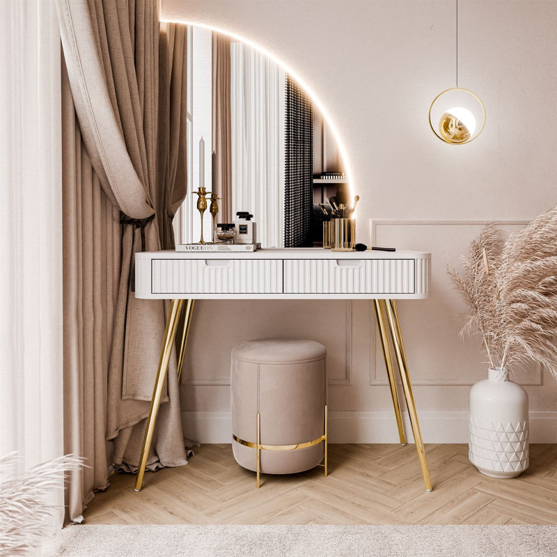 -QS dressing table with LED mirror, White/Gold