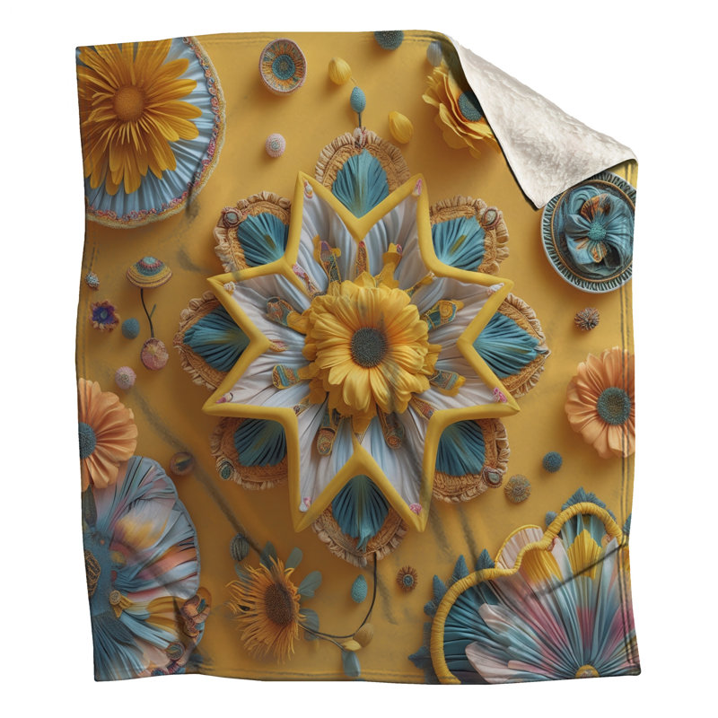 Couvertures fleurs jaunes et bleues Mandala, 60in W x 80in H