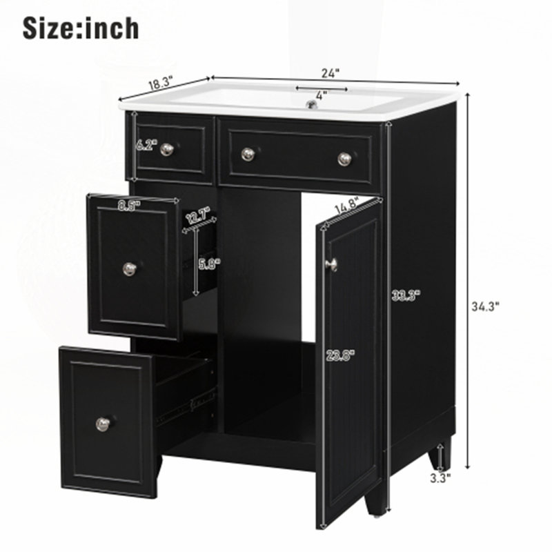 Meuble-lavabo 24 po avec lavabo en céramique, Noir / argenté