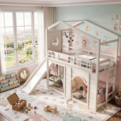 Kittredge Imagination House Loft Bed with Slide, Bookshelves & Built-in Wardrobe, Wood Frame with Round Window and Arched Door