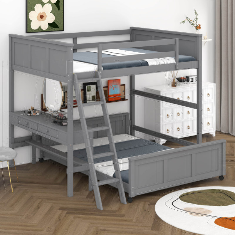 Lit superposé double au-dessus de double avec bureau intégré et tiroirs de rangement, cadre de lit superposé en bois avec garde-corps et échelle