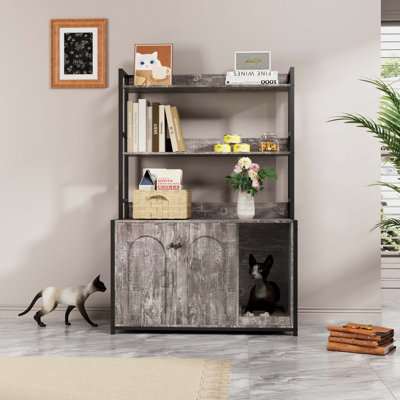 Maison pour chat en bois avec compartiment caché pour litière, tablettes et bloc-notes