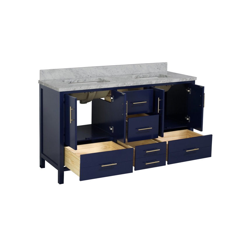 Ensemble de meuble-lavabo double 60 po Kiara, Bleu royal, Marbre de Carrare