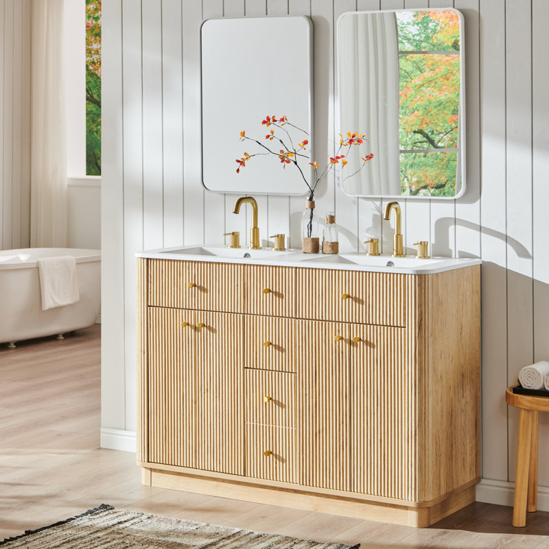 Ensemble de meuble-lavabo double 48 po avec lavabo et 2 armoires de rangement 48 po, Chêne naturel