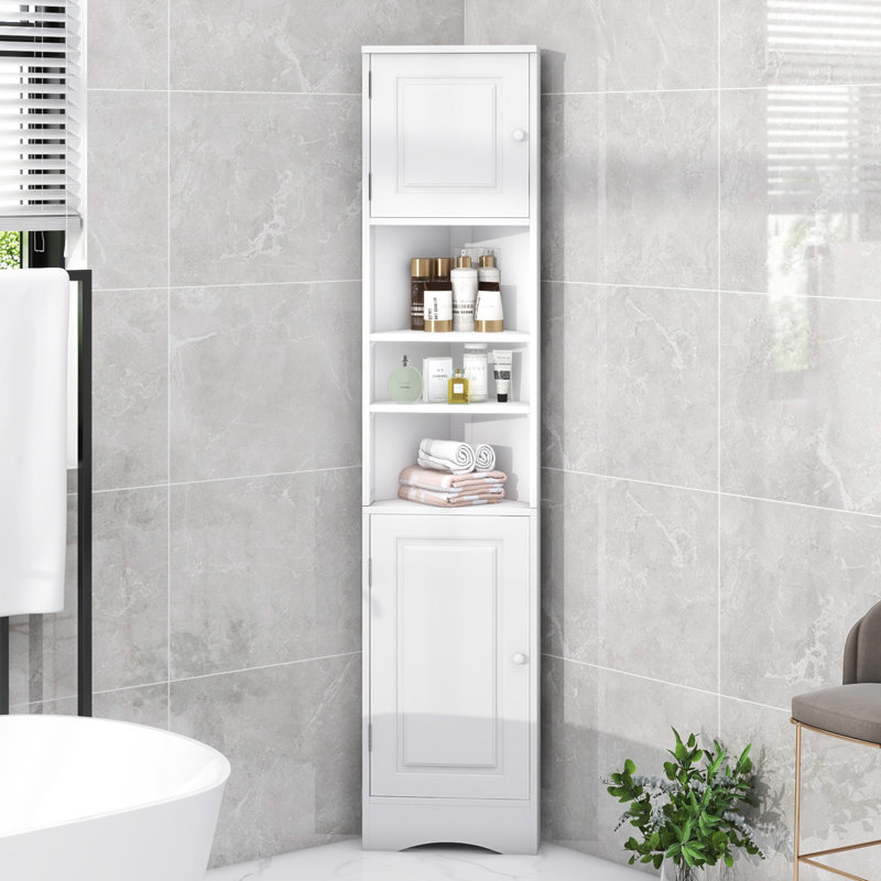 Multi-Functional Corner Cabinet Tall Bathroom Storage Cabinet With Two Doors And Adjustable Shelves, Open Shelf, White