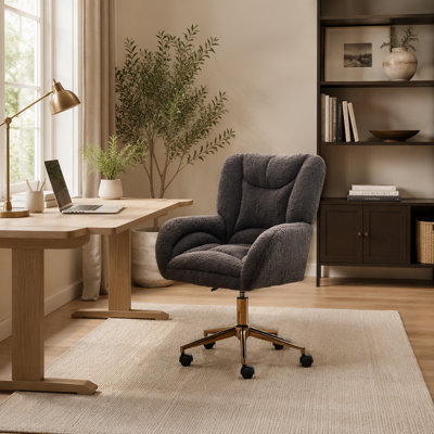 Fauteuil de bureau pivotant à 360° en tissu Teddy, avec base en métal doré et roulettes universelles, gris foncé