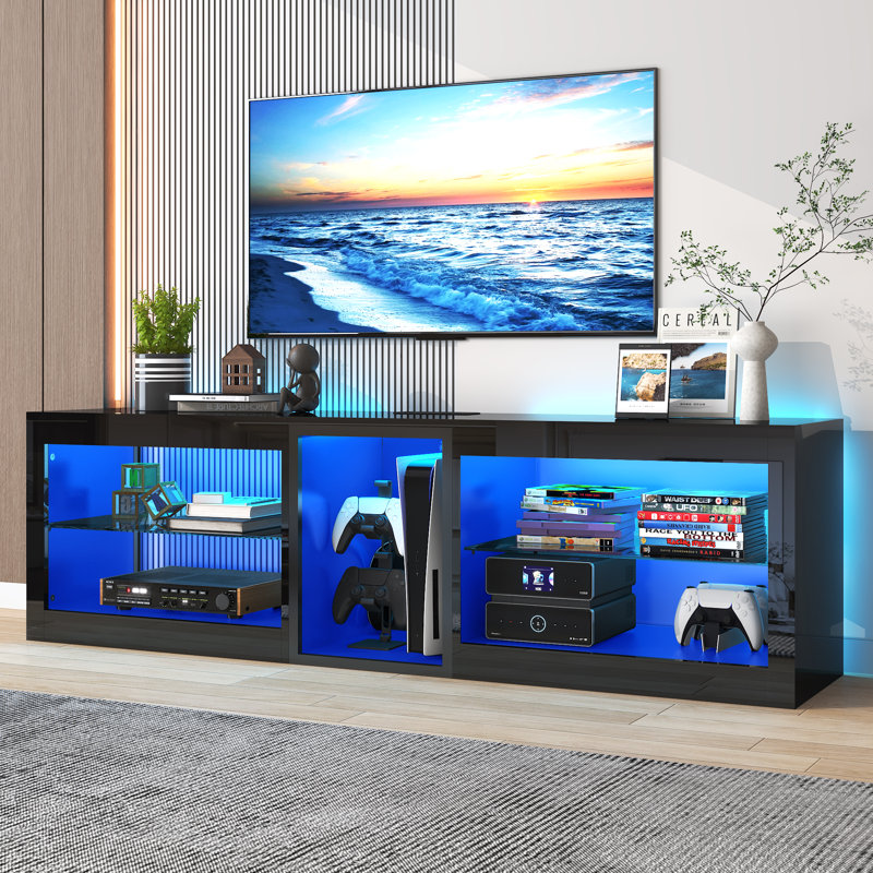 Meuble télé 63 po à DEL ultrabrillant moderne pour téléviseur de 65/70 po avec prises de courant, tablettes réglables, compatible PS5