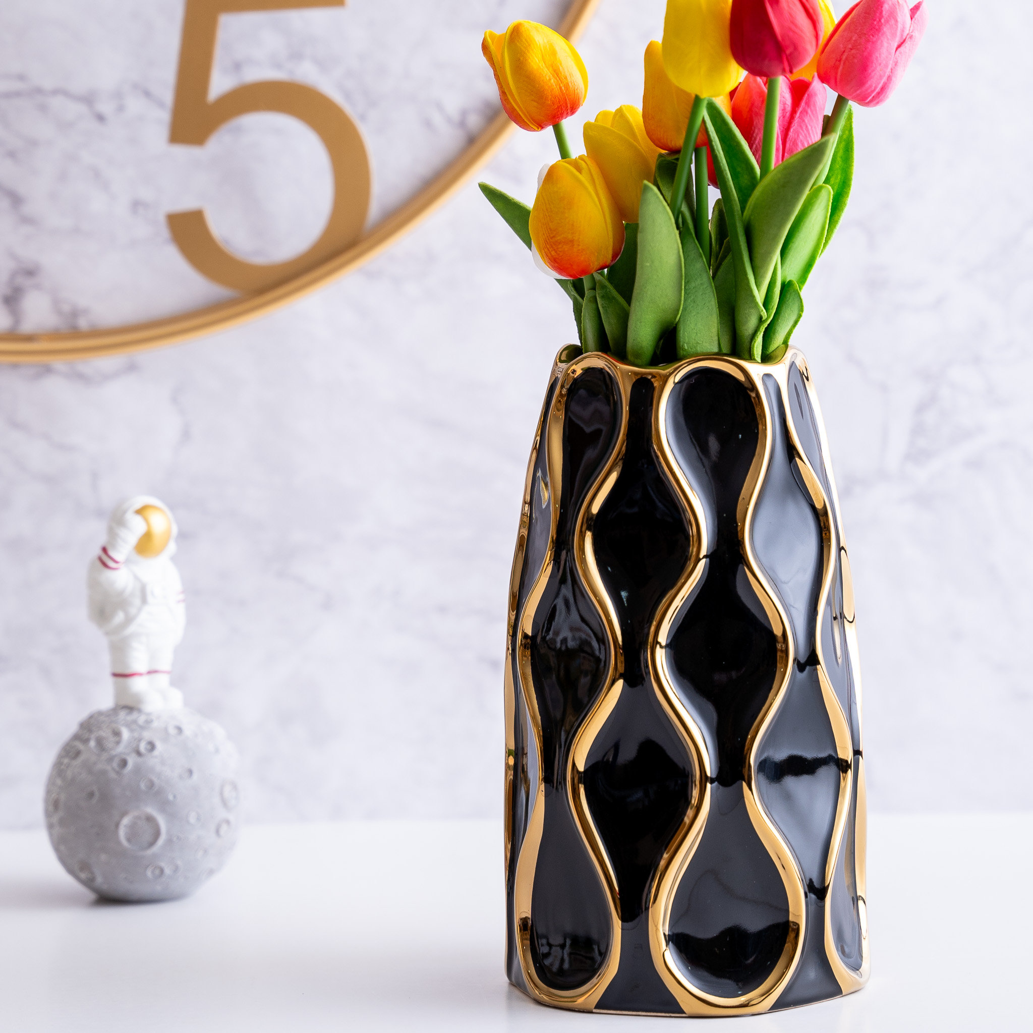 Mercer41 Mauno Ceramic & Golden Trim Modern Vase for Elegant Decor ...