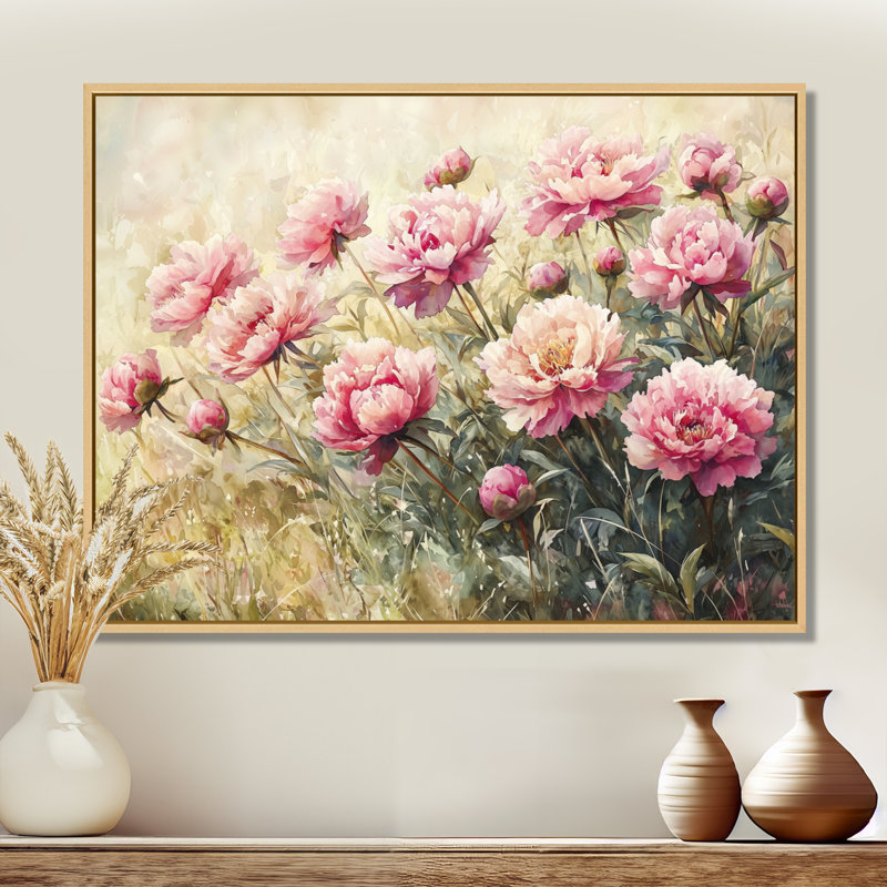 Marsha pivoines et la prairie d'été III - pivoines, art mural, H 12 po x l 20 po, Impression encadrée flottante, Crème, crème