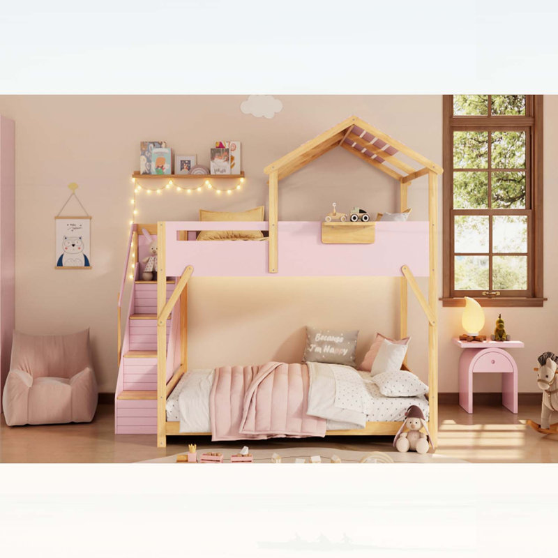 Lit superposé double au dessus d'un lit double avec escalier et lumières à DEL 3 couleurs, design fantaisiste et rangement