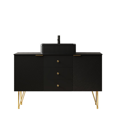 Meuble-lavabo autoportant de 48 po avec lavabo rectangulaire en céramique noire, comptoir en pierre frittée, 3 tiroirs, pieds à garniture dorée à 2 portes, rangement en contreplaqué, armoire à 4 tiroirs préassemblée,