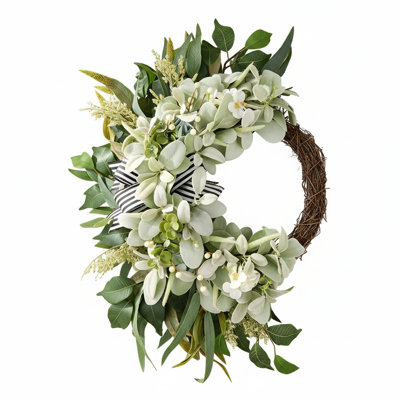 Front Door Wreaths for All Seasons Outdoor Indoor, 19.7Inch Green Artificial Half Moon Wreath with Lambs Ear Eucalyptus Bow, Spring Summer Farmhous Porch Decor