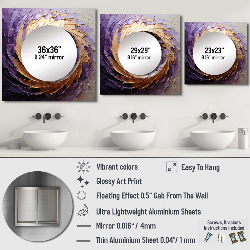 Beige mauve minimaliste spirales poteries I - miroir mural abstrait spirales carrées pour chambre à coucher, 23 po x 23 po