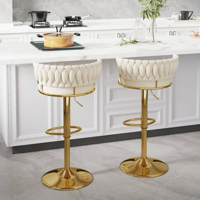 Ensemble de 2 tabourets de bar George avec dossier rembourré en velours tissé, tabourets de comptoir réglables en hauteur, tabourets de cuisine pivotants pour îlot de cuisine, bar, blanc