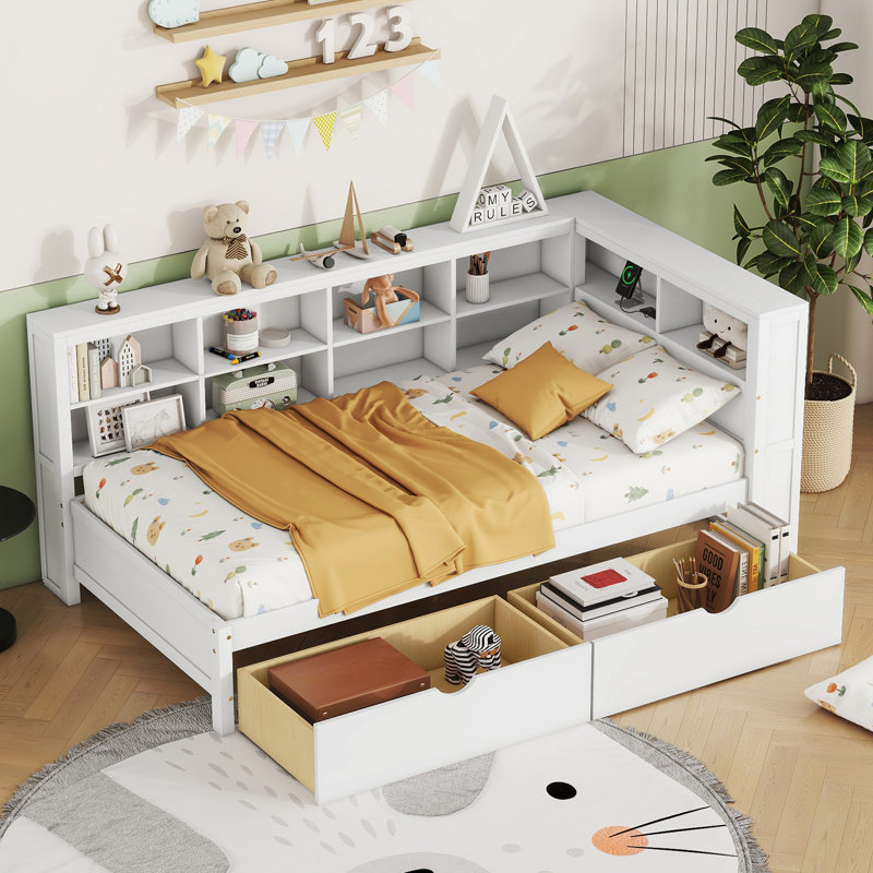 Wooden Twin Size Daybed With 2 Drawers, Daybed With Storage Shelf And USB Charging Ports