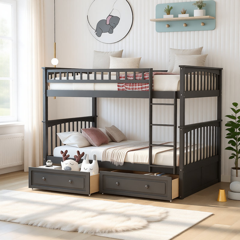 Lit superposé convertible avec tiroirs, structure en bois massif avec barrière de sécurité et rangement sous le lit, Gris