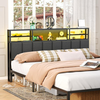 Têtes de lit pour lit avec tablettes de rangement, ports et prises USB avec tête de lit à lumière DEL seulement, têtes de lit robustes à hauteur réglable avec station de charge