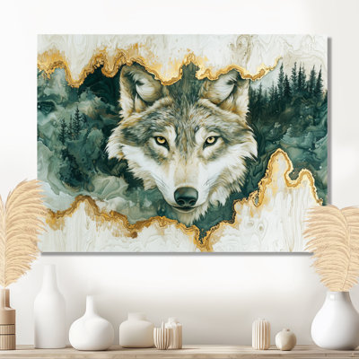 Loup en hiver, forêt, rivière à encre II - animaux, art mural