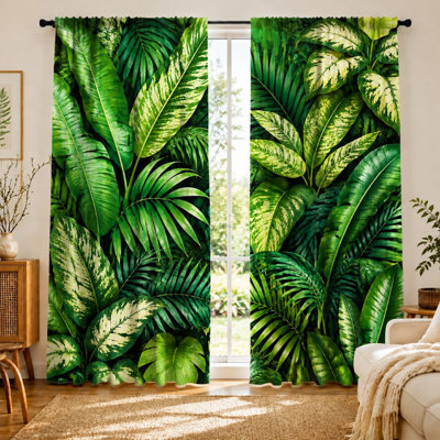 2Pcs Lush Tropical Leaves Print Curtains, Realistic Botanical Pattern, Vibrant Jungle Theme, Modern Decor, Window Treatment for Living Room, Bedroom, Nature Lover Gift, Grommet Top Hanging, Light Blocking Fabric