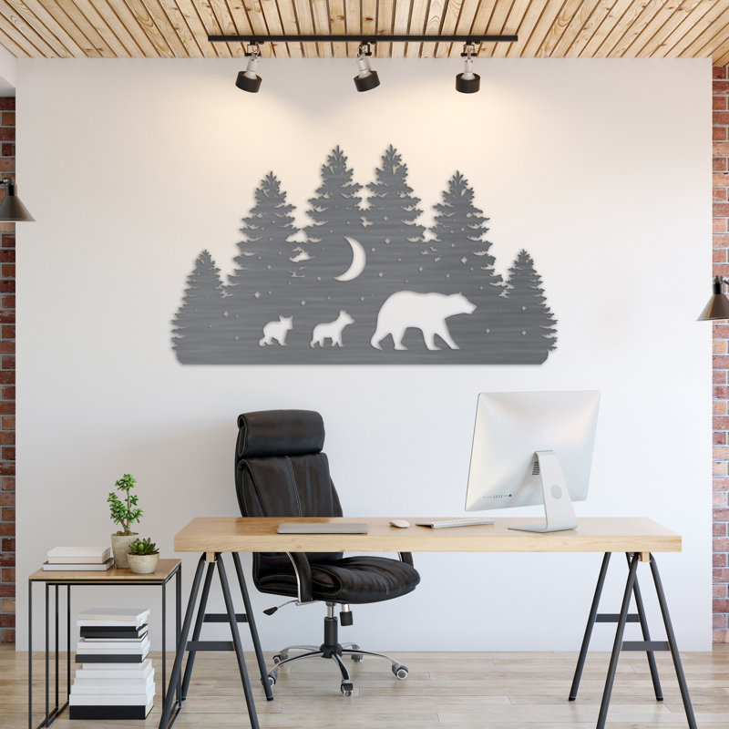 Art mural avec arbres, ours, oursons et étoiles - ACM, H 18 po x l 32 po x P 0,25 po, Argent