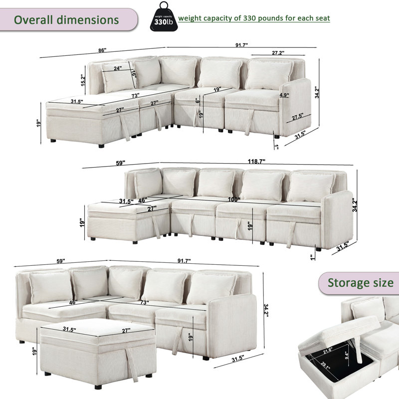 Canapé modulaire rembourré 5 pièces Farrahn, Beige Corduroy Fabric