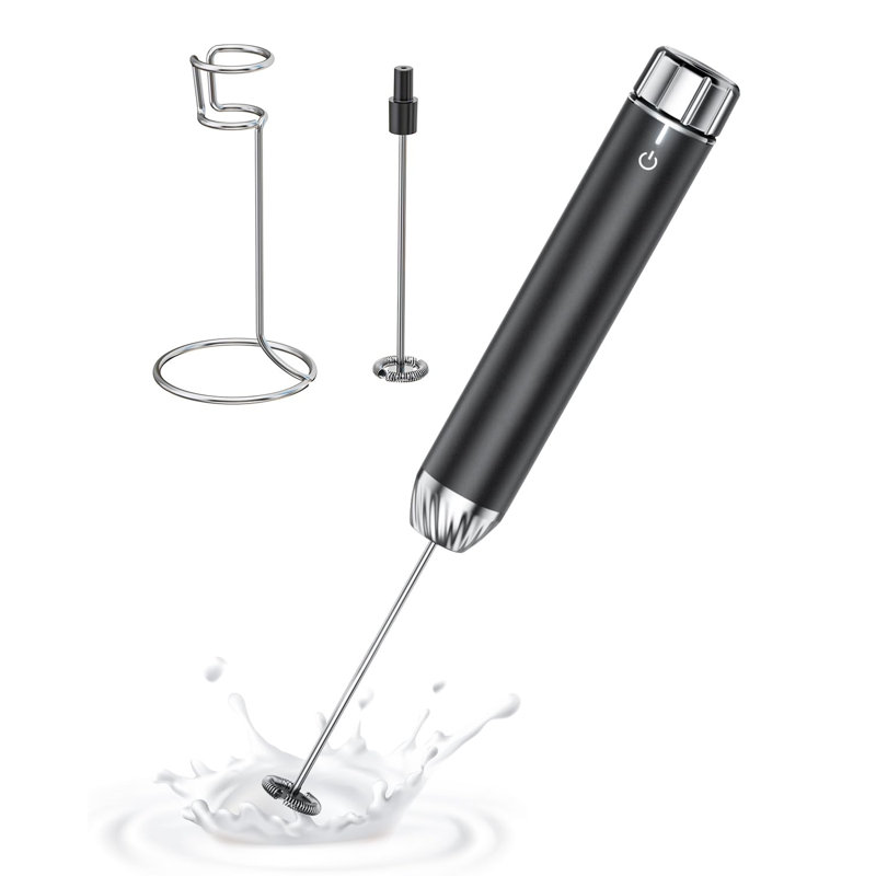 Black Aluminum Rechargeable Handheld Milk Frother with Stainless Steel Stand