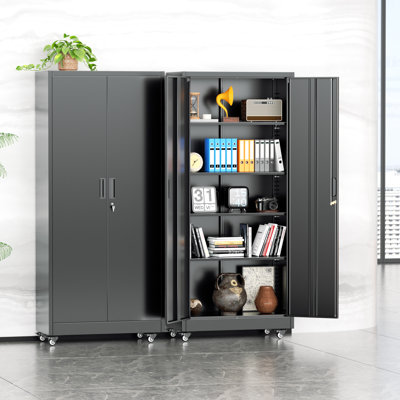 Metal Garage Storage Cabinets with Wheels, Rolling Tool Cabinet with Locking Doors and Adjustable Shelves(73" H×32" W×16" D)