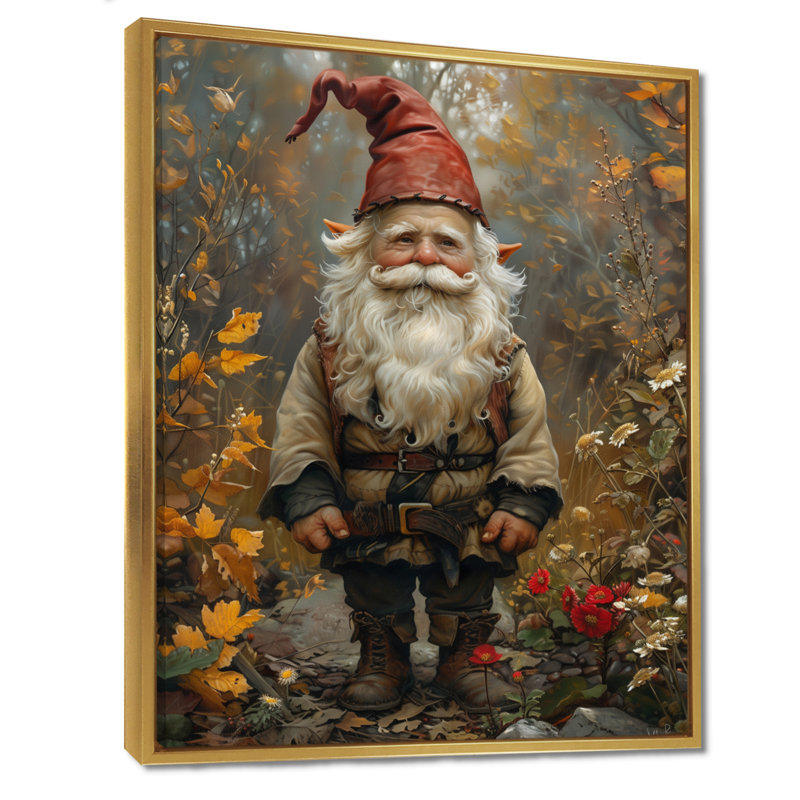 Décoration murale jaune et rouge jardin d'automne - Gnome, Cadre flottant doré, bois massif, H 12 po x l 20 po