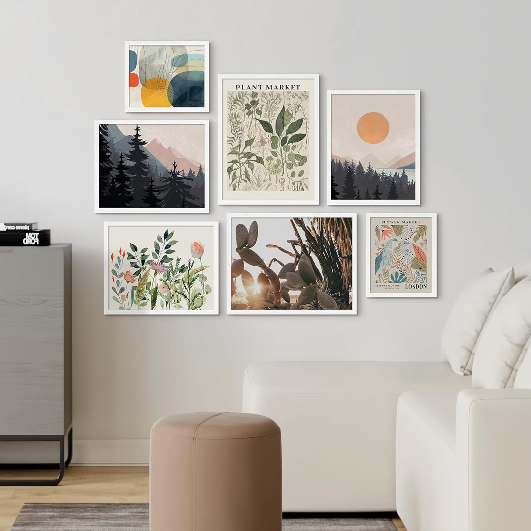 Forest Plant Market Mountain Landscape Nature Modern Art For Living Room, Bedroom, Office Framed On Paper 7 Pieces Print SIGNLEADER 