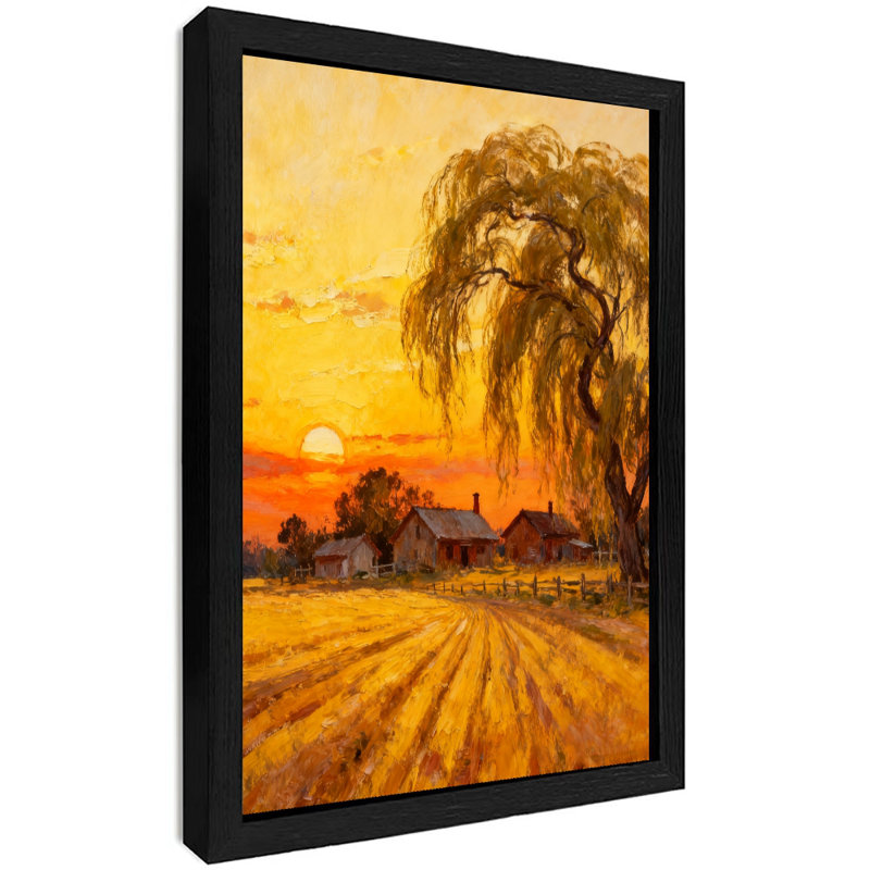Art encadré noir, «Un village trempé au coucher du soleil», reproductions d'art encadrées de style rétro, H 37 po x l 25 po