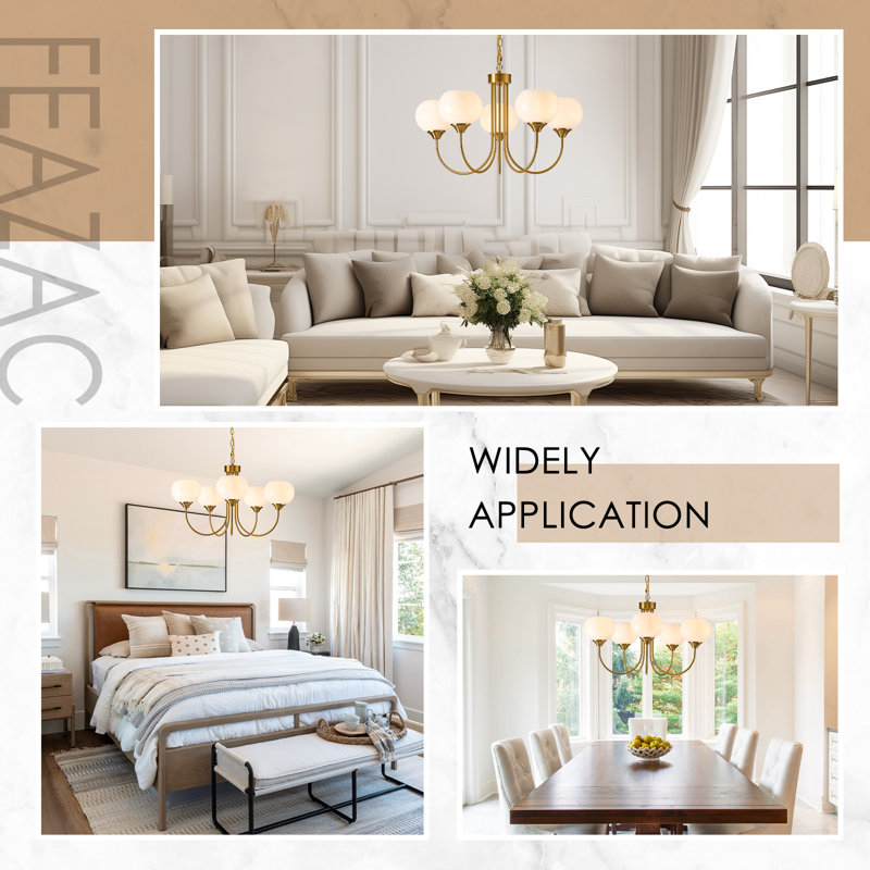 Modern Globe Chandelier 5 Light Mid Century White Milk Glass Chandeliers Gold Pendant Light Fixtures, Suspension Chain, Cream