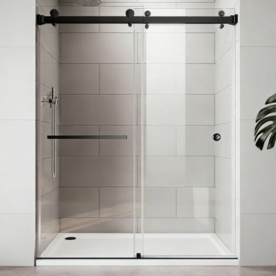 Porte de douche coulissante double de 55 à 59 po de largeur, verre trempé transparent de 5/16 po de 8 mm d'épaisseur, acier inoxydable 304 en noir mat, rail supérieur amélioré pour une conception à glissement en douceur de 72 po, poignée ronde, corrosion
