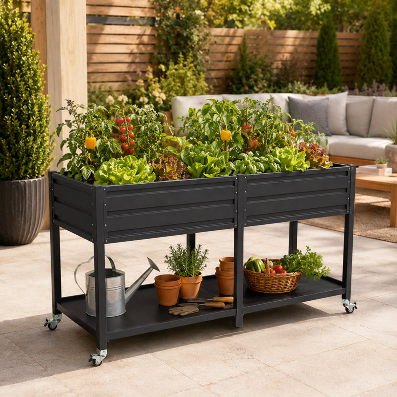 Boîte à fleurs surélevée à deux niveaux avec jardin surélevé en métal avec roues verrouillables et tablette de rangement pour légumes, herbes et fleurs