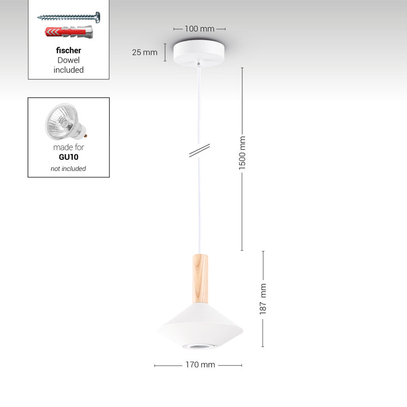 Bagan 1-Light Geometric Pendant, White/Natural, 18.7cm H x 17cm W x 17cm D