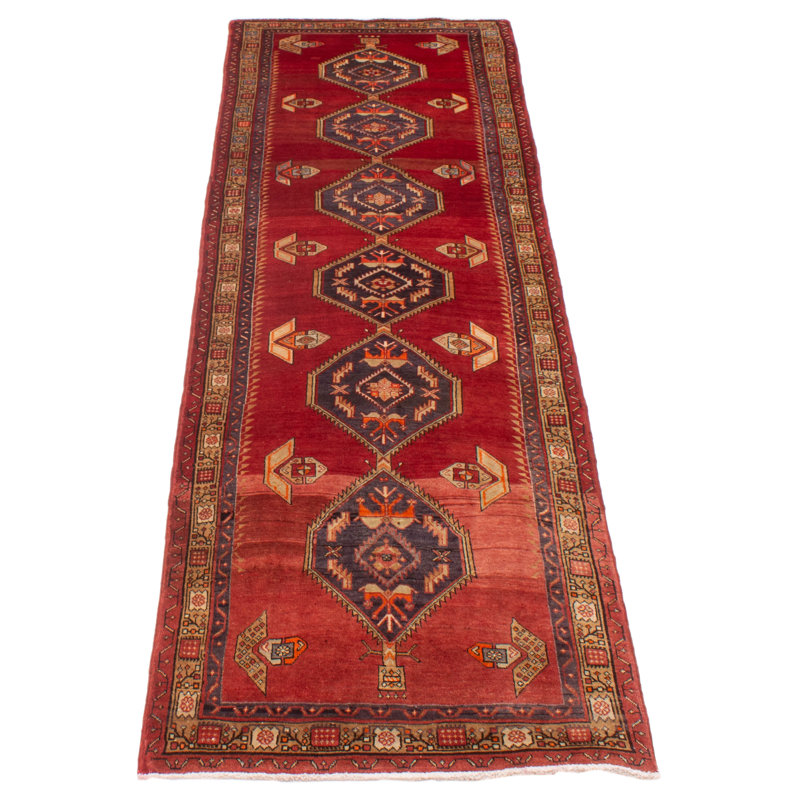 Tapis de couloir unique en laine noué à la main nouvel âge 3 pi 5 po x 13 pi rouge / bleu marine foncé / crème Jesse-James