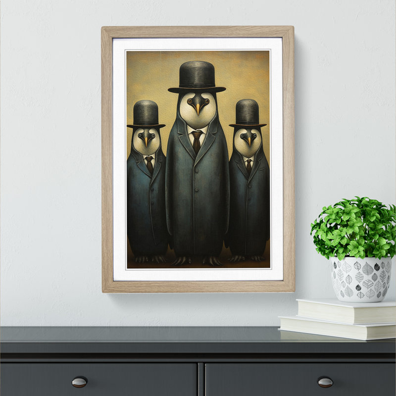 Penguin Dadaism - Single Picture Frame Print on Wood, Oak Framed, 46cm H x 34cm W x 2cm D