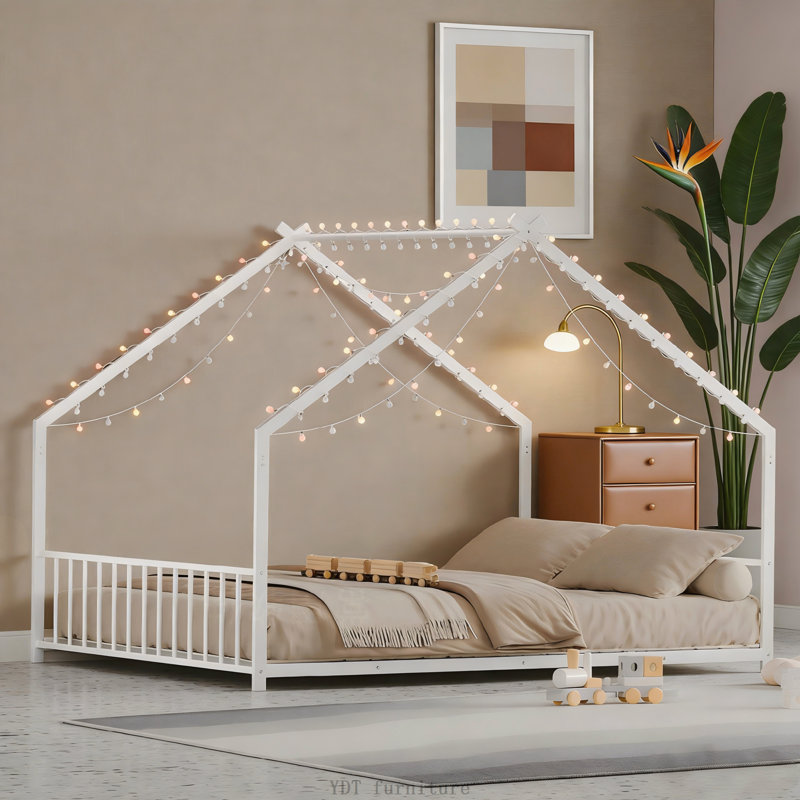 Cadre de lit blanc avec bandes lumineuses à DEL et toit blanc, Blanc