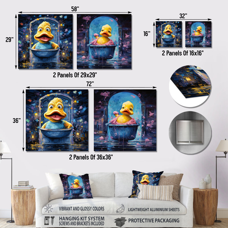 «Playful Yellow Duck In Bathaign I» - Ensemble de 2 carrés de salle de bain, H 23 po x l 46 po