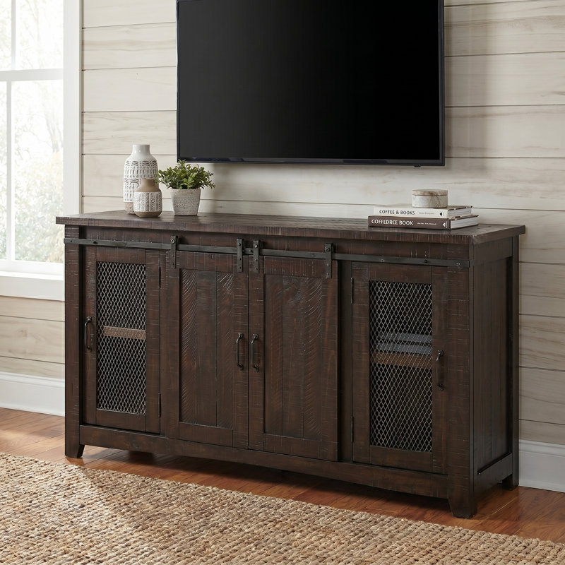 Meuble télé en bois et métal avec 2 portes de style filet, brun espresso