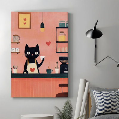 1 pièce Saint-Valentin, impression sur toile encadrée, chat noir, café, affiches, impression sur toile, peinture pour salon, chambre, bureau, salle de bain, dortoir, prêt à accrocher