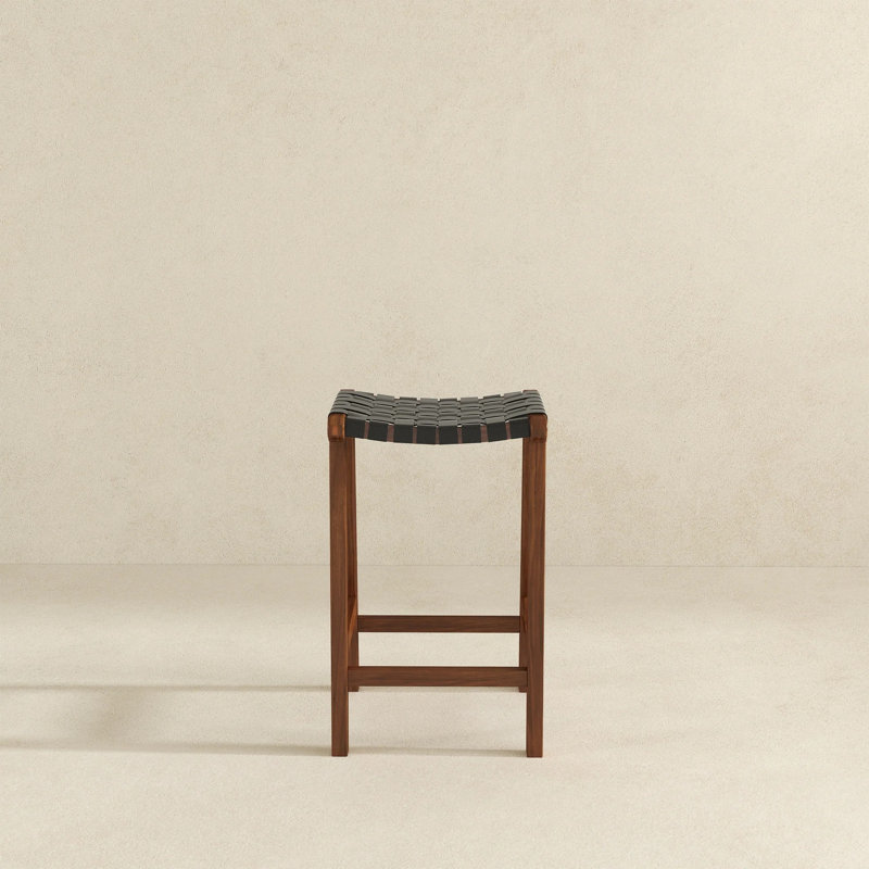 James Mid-Century Modern Genuine Black Leather 24.5" Counter Stool, Counter Stool (23.6” Seat Height), Black