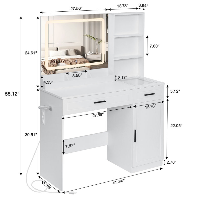 Meuble-lavabo de maquillage avec miroir lumineux à 3 couleurs et prise de courant
